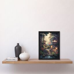 Artery8 Wall Art Print Traditional Japan Garden Painting Orange Pink Green Blue Stone Lanterns & Towers by Lake Spring Landscape Art Framed - thumbnail 4