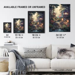 Artery8 Wall Art Print Traditional Japan Garden Painting Orange Pink Green Blue Stone Lanterns & Towers by Lake Spring Landscape Art Framed - thumbnail 3