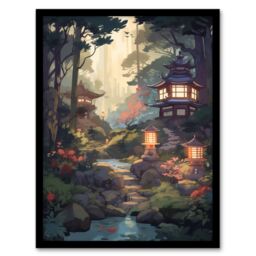 Artery8 Wall Art Print Traditional Japan Garden Painting Orange Pink Green Blue Stone Lanterns & Towers by Lake Spring Landscape Art Framed - thumbnail 1