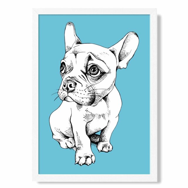 ARTZE Sketch French Bulldog on Bright Blue Framed Print SIZE: A3 with White Frame - Size: A4 - image 1