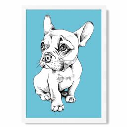 ARTZE Sketch French Bulldog on Bright Blue Framed Print SIZE: A3 with White Frame - Size: A4 - thumbnail 1