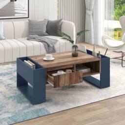 Merax Storage Coffee Table with Handleless Drawer & Side Compartments in Walnut