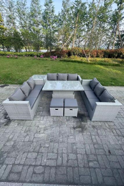 Fimous U Shape Rattan Garden Furniture Set Adjustable Rising Lifting Table Dining Set Coffee Tea Table in Light Grey - image 1