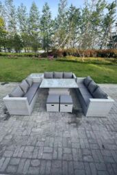 Fimous U Shape Rattan Garden Furniture Set Adjustable Rising Lifting Table Dining Set Coffee Tea Table in Light Grey - thumbnail 3