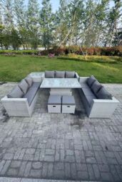 Fimous U Shape Rattan Garden Furniture Set Adjustable Rising Lifting Table Dining Set Coffee Tea Table in Light Grey - thumbnail 2