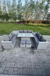 Fimous U Shape Rattan Garden Furniture Set Adjustable Rising Lifting Table Dining Set Coffee Tea Table in Light Grey - thumbnail 1
