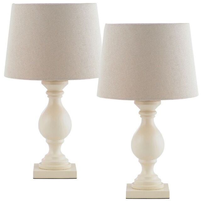 Loops 2 PACK Classic Wooden Table Lamp Ivory & Off-White Shade Pretty Bedside Light in White - image 1