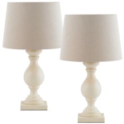 Loops 2 PACK Classic Wooden Table Lamp Ivory & Off-White Shade Pretty Bedside Light in White