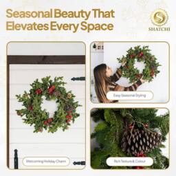 Shatchi Christmas Wreath 60cm PE Material Door Wreath for Festive in Green - Size: 600mm - thumbnail 7