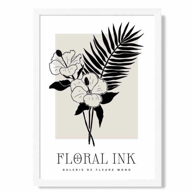 ARTZE Hibiscus Flowers in Black & Beige Floral Ink Sketch Framed Print SIZE: A2 with White Frame - Size: A4 - image 1