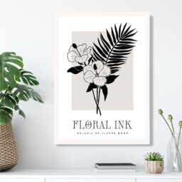 ARTZE Hibiscus Flowers in Black & Beige Floral Ink Sketch Framed Print SIZE: A2 with White Frame - Size: A4 - thumbnail 2