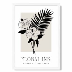 ARTZE Hibiscus Flowers in Black & Beige Floral Ink Sketch Framed Print SIZE: A2 with White Frame - Size: A4 - thumbnail 1