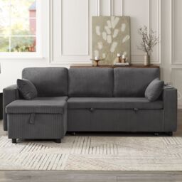 Matteo 3 in 1 Convertible Corduroy Sofa Bed With Storage Chaise, Grey - Size: Double - thumbnail 6
