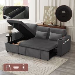 Matteo 3 in 1 Convertible Corduroy Sofa Bed With Storage Chaise, Grey - Size: Double - thumbnail 8