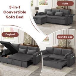 Matteo 3 in 1 Convertible Corduroy Sofa Bed With Storage Chaise, Grey - Size: Double - thumbnail 9