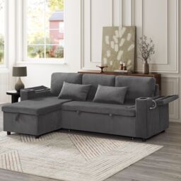 Matteo 3 in 1 Convertible Corduroy Sofa Bed With Storage Chaise, Grey - Size: Double - thumbnail 2