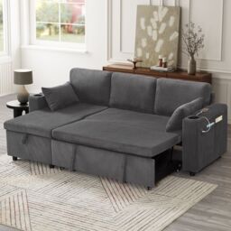 Matteo 3 in 1 Convertible Corduroy Sofa Bed With Storage Chaise, Grey - Size: Double - thumbnail 3
