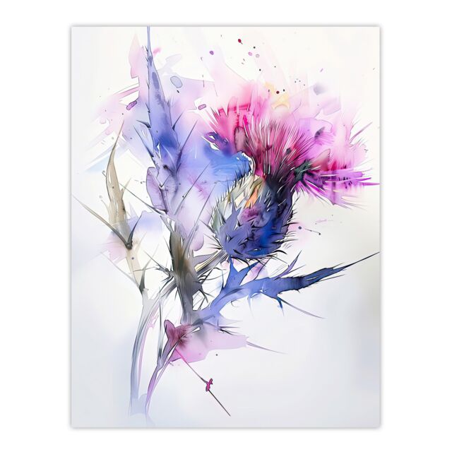 "Artery8 Thistle Flower Violet Pink Green Soft Watercolour Wall Art Print in Purple - Size: W12"" x H16""" - image 1