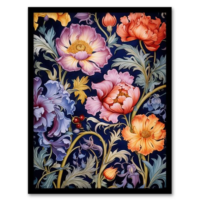 Artery8 Modern William Morris Style Elegant Anemone Flowers Floral Pattern Colourful Artwork On Blue Art Print Framed Poster Wall Decor - Size: A4 - image 1