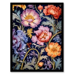 Artery8 Modern William Morris Style Elegant Anemone Flowers Floral Pattern Colourful Artwork On Blue Art Print Framed Poster Wall Decor - Size: A4 - thumbnail 1