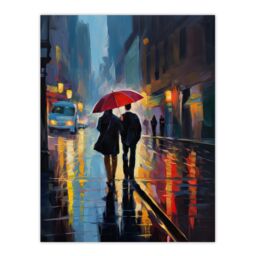 Artery8 Wall Art Print Paris In The Springtime Colourful Oil Painting Couple w/ A Red Umbrella Talking A Romantic Walk On A Rainy Night Bedroom Art - thumbnail 1