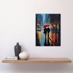 Artery8 Wall Art Print Paris In The Springtime Colourful Oil Painting Couple w/ A Red Umbrella Talking A Romantic Walk On A Rainy Night Bedroom Art - thumbnail 4