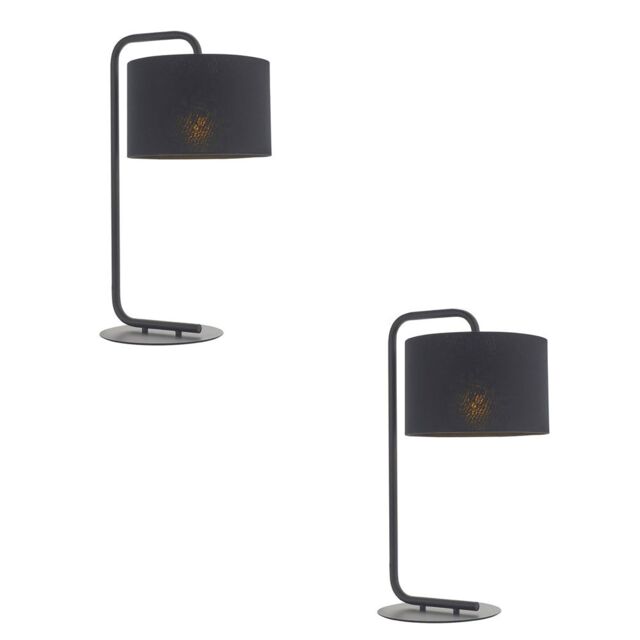 Loops 2 PACK Satin Black Table Lamp - 23cm Fabric Cylinder Shade - Bedroom Desk Light - image 1