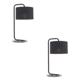Loops 2 PACK Satin Black Table Lamp - 23cm Fabric Cylinder Shade - Bedroom Desk Light