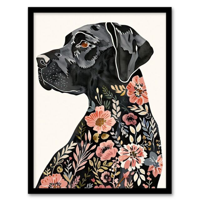 "Artery8 Black Labrador Dog Lover Floral Watercolour Framed Wall Art - Size: W12"" x H16""" - image 1