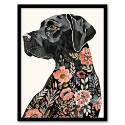 "Artery8 Black Labrador Dog Lover Floral Watercolour Framed Wall Art - Size: W12"" x H16""" - thumbnail 1