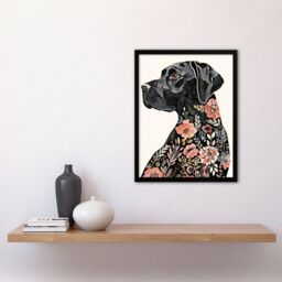 "Artery8 Black Labrador Dog Lover Floral Watercolour Framed Wall Art - Size: W12"" x H16""" - thumbnail 4