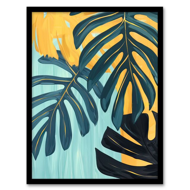 Artery8 Monstera Deliciosa Leaves Teal Yellow Painting Framed Art Print - Size: A4 - image 1
