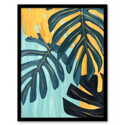 Artery8 Monstera Deliciosa Leaves Teal Yellow Painting Framed Art Print - Size: A4 - thumbnail 1