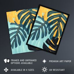 Artery8 Monstera Deliciosa Leaves Teal Yellow Painting Framed Art Print - Size: A4 - thumbnail 2