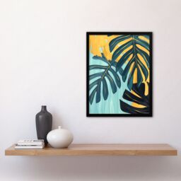 Artery8 Monstera Deliciosa Leaves Teal Yellow Painting Framed Art Print - Size: A4 - thumbnail 4