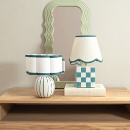 ValueLights Rohan Teal Stripe Ceramic Sphere Table Lamp with Teal Trim Shade in Green - thumbnail 4