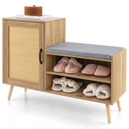 Costway Rattan Shoe Cabinet 2-in-1 Shoe Storage Bench Shoe Rack Cabinet in Natural