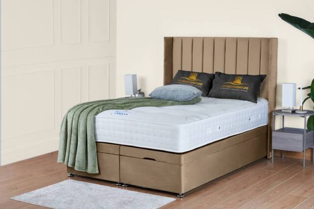 UK Bed Furniture Victoria End Lift Divan Ottoman Bed with 54 Inch Headboard in Beige - Size: Small Double - image 1