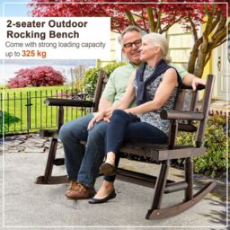 Costway Patio Rocking Bench Carbonized Wood Double Rocker Lovesear w/ Ergonomic Seat in Brown - thumbnail 5