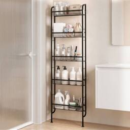 Levede Behind Door Storage Rack, Narrow 5-Tier Bathroom Shelves, Steel, Black - thumbnail 3