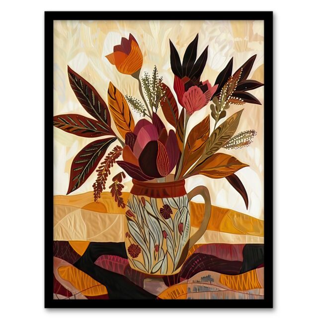"Artery8 Rustic Autumnal Flower Bouquet in Vase Painting Framed Art Print in Beige - Size: W12"" x H16""" - image 1
