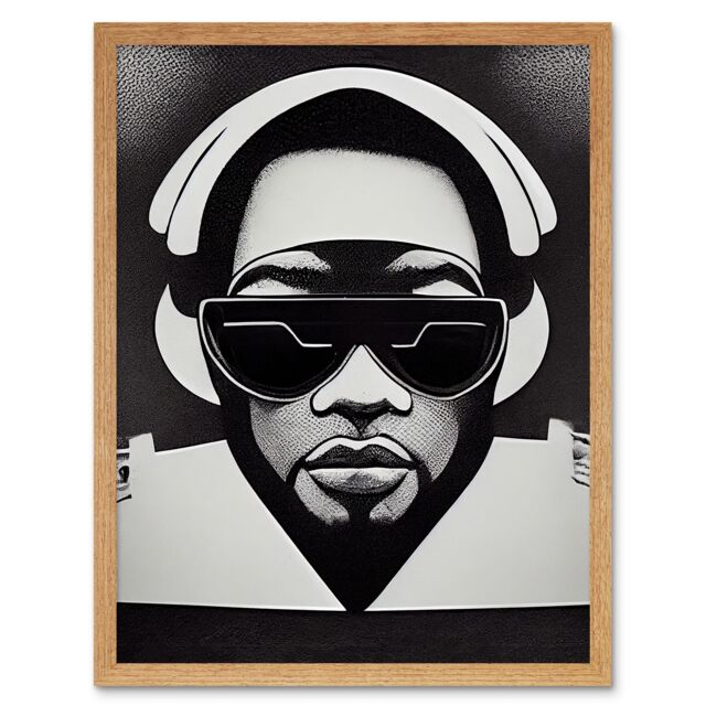 "Artery8 Wall Art Print Hip Hop Black Artist Music DJ Monochrome Music Musician Art Framed in Light Oak - Size: W12"" x H16""" - image 1