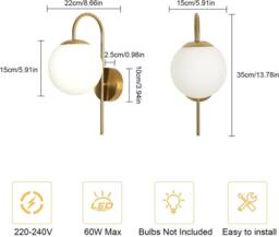 COMELY Indoor Wall Lights, Vintage Gold Wall Lights with Glass Lampshade, 15 cm - thumbnail 3