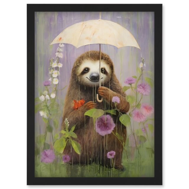 Artery8 Wall Art Print Picking Flowers in the Rain Oil Painting Cute Sloth with an Umbrella in a Wildflower Meadow Kids Bedroom Artwork Framed A4 - image 1