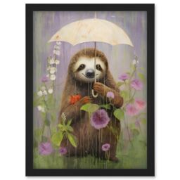 Artery8 Wall Art Print Picking Flowers in the Rain Oil Painting Cute Sloth with an Umbrella in a Wildflower Meadow Kids Bedroom Artwork Framed A4 - thumbnail 1