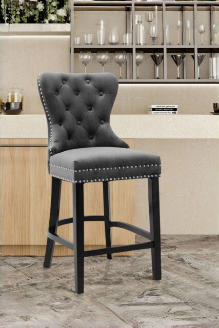 Living and Home Velvet Upholstered Button Dining Chair Tufted Nailhead with Rubber Wooden Legs Bar Stools for Kitchen Counter in Dark Grey - image 1