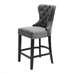 Living and Home Velvet Upholstered Button Dining Chair Tufted Nailhead with Rubber Wooden Legs Bar Stools for Kitchen Counter in Dark Grey - thumbnail 5