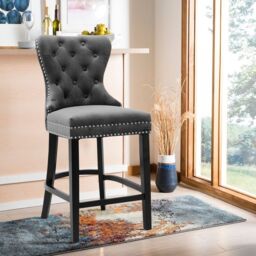 Living and Home Velvet Upholstered Button Dining Chair Tufted Nailhead with Rubber Wooden Legs Bar Stools for Kitchen Counter in Dark Grey - thumbnail 2