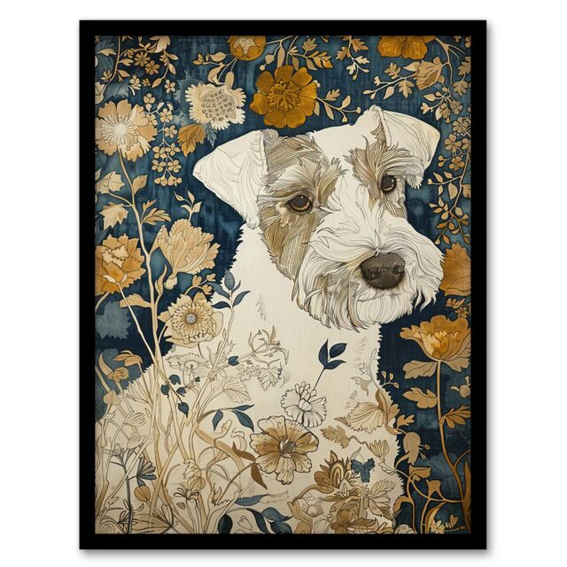 Artery8 Dog Wildflowers Painting Blue Ochre Animal Lover Framed Art Print in Green - Size: A4 - image 1