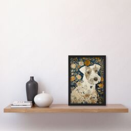 Artery8 Dog Wildflowers Painting Blue Ochre Animal Lover Framed Art Print in Green - Size: A4 - thumbnail 4